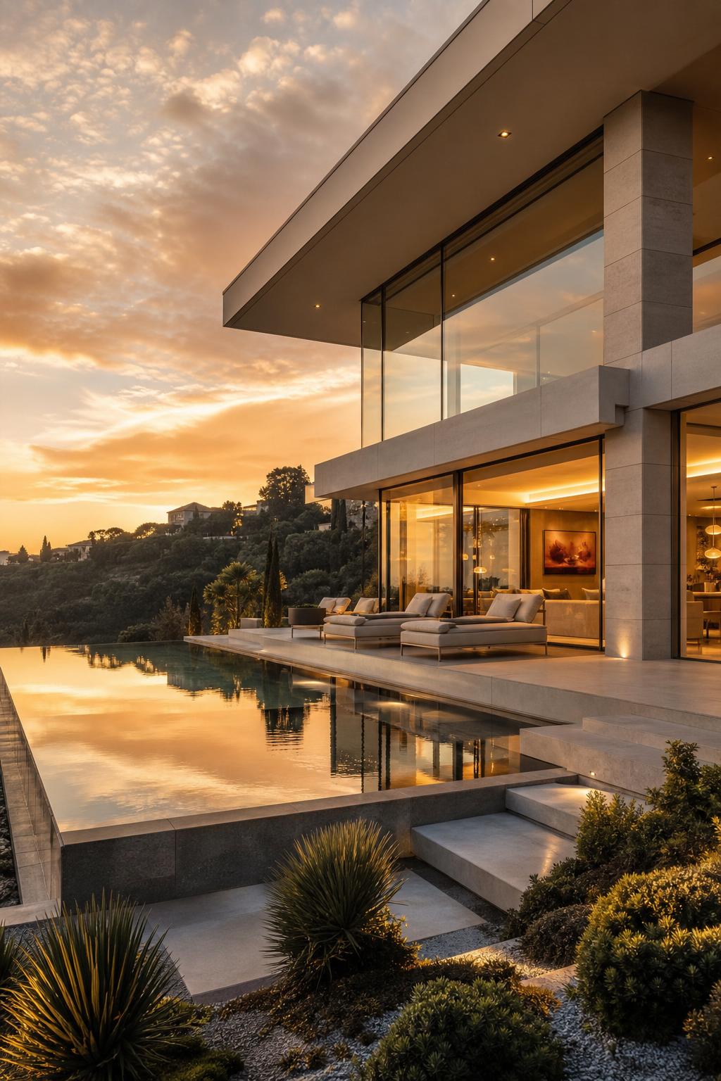 Modern luxury estate at golden hour