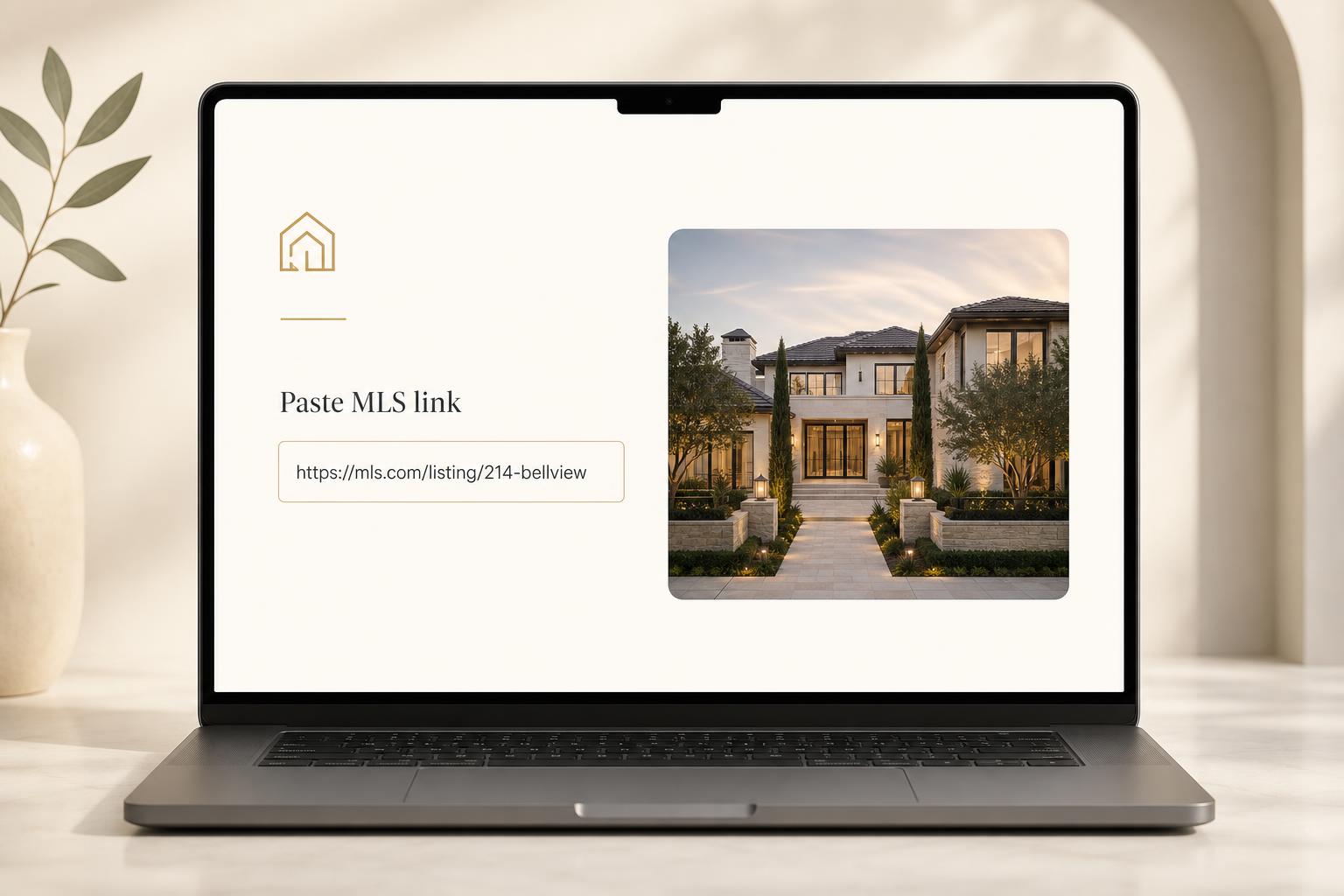 Agent pasting an MLS link into the ListingLaunch app on a laptop with listing photos beside it