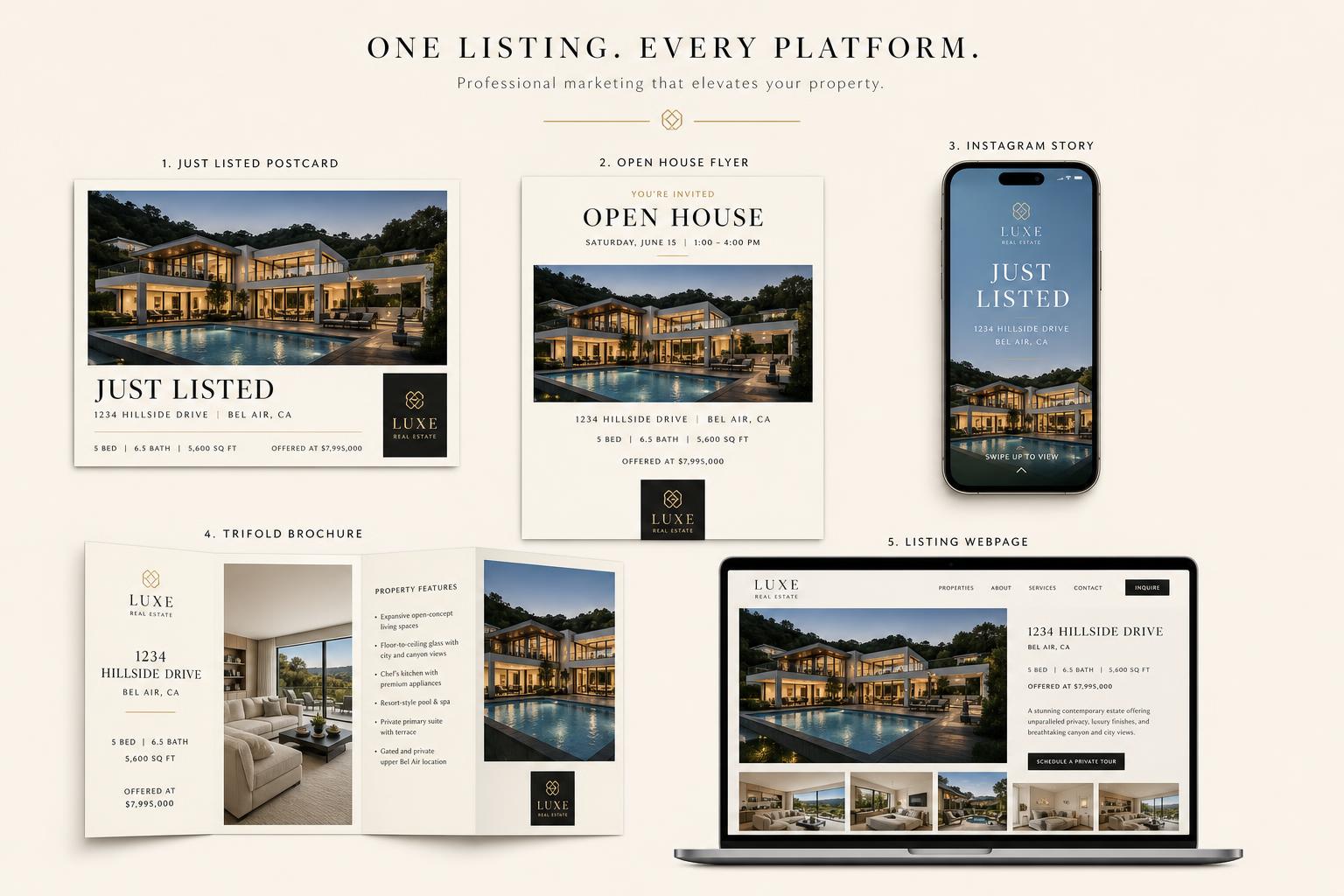 A complete set of generated marketing pieces fanned out together: postcard, open house flyer, brochure and Instagram story